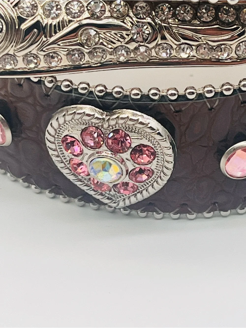 Embellished Heart Stud Western Belt - Brown Pink Crystals Removable Buckle